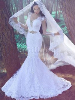 Abito da Sposa Sirena con Maniche Lunghe Cuore con Applique Coda A Strascico Corto – Gillne.it