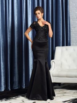 Empire Taille Reißverschluss Kurze Ärmeln Brautmutterkleid mit Applike aus Satin – MeKleid.de