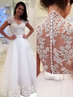 Normale Taille Tüll Prinzessin Ärmellos Schön Bodenlanges Brautkleid mit V-Ausschnitt – Me ...