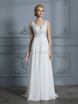 Prinzessin Attraktiv a linie Chiffon Brautkleid mit Bordüre mit V-Ausschnitt – MeKleid.de