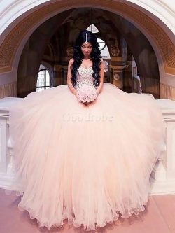 Robe de mariée avec sans manches de col en cœur en tulle de mode de bal avec perle – GoodRobe