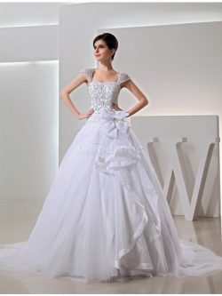 Robe de mariée cordon en organza broder avec sans manches avec perle – GoodRobe