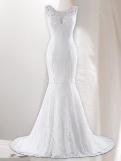 Robe de mariée de col en v avec décoration dentelle cordon avant-gardiste naturel – GoodRobe