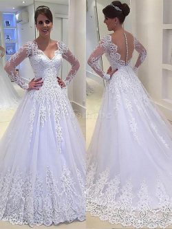 Robe de mariée de traîne moyenne ligne a appliques de princesse v encolure – GoodRobe