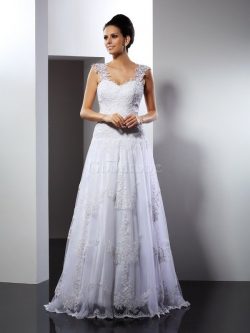 Robe de mariée ligne a de traîne moyenne de princesse appliques larges bretelles – GoodRobe