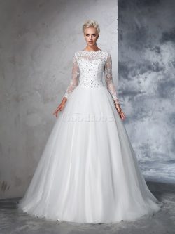 Robe de mariée longue avec manche longue col en bateau de mode de bal fermeutre eclair – G ...