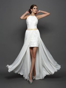 Robe de mariée longue avec zip ligne a avec décoration dentelle de traîne mi-longue – GoodRobe