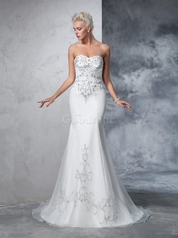 Robe de mariée manche nulle col en forme de cœur de traîne moyenne en satin avec perle – G ...