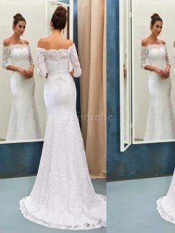 Robe de mariée naturel avec décoration dentelle de traîne courte de sirène epaule nue – Go ...