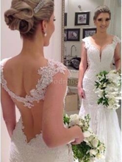 Robe de mariée naturel avec décoration dentelle de traîne courte v encolure de sirène – Go ...