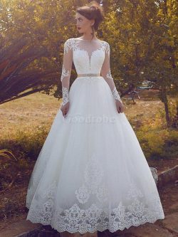 Robe de mariée naturel avec manche longue textile en tulle de mode de bal col en bateau –  ...