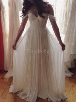 Robe de mariée naturel avec sans manches avec perle avec chiffon jusqu’au sol – GoodRobe