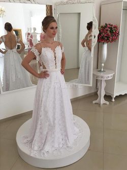 Robe de mariée naturel de princesse encolure ronde avec décoration dentelle a-ligne – GoodRobe