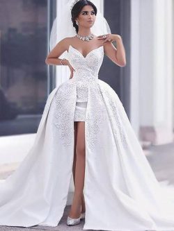 Robe de mariée naturel en satin de col en cœur de traîne mi-longue avec perle – GoodRobe