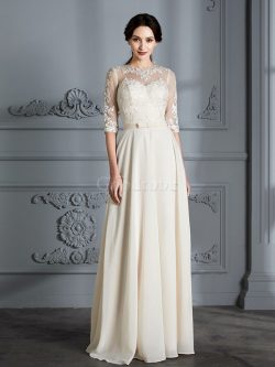 Robe de mariée naturel encolure ronde a-ligne avec manche 1/2 avec sans manches – GoodRobe