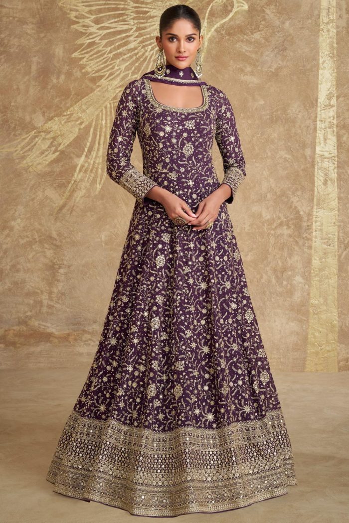 Buy Plum Georgette Embroidered Anarkali Dress | Like A Diva