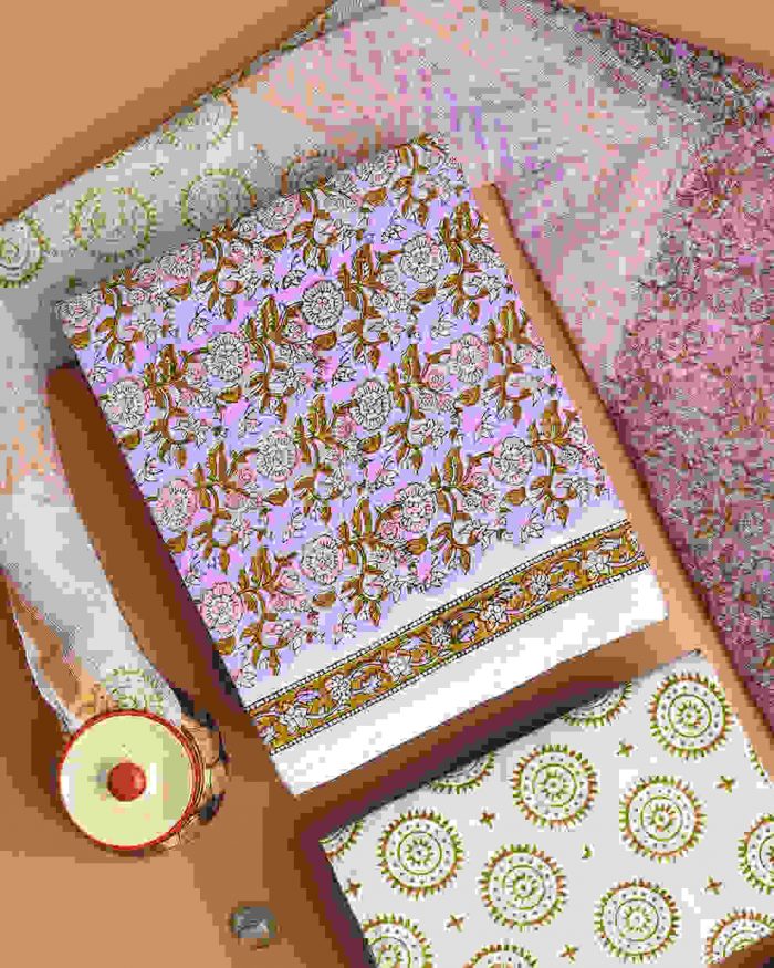 Shop Exclusive White & Green Hand Block Print Cotton Suit Online