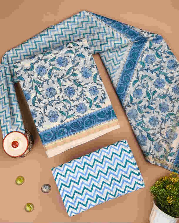 Shop Exclusive Sanganeri Print Chanderi Silk Suit Set Online