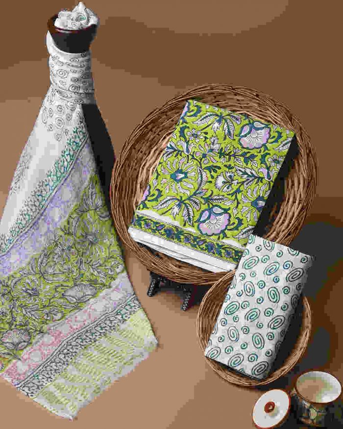 Shop New White Sanganeri Printed Cotton Suit with Chiffon Dupatta Online