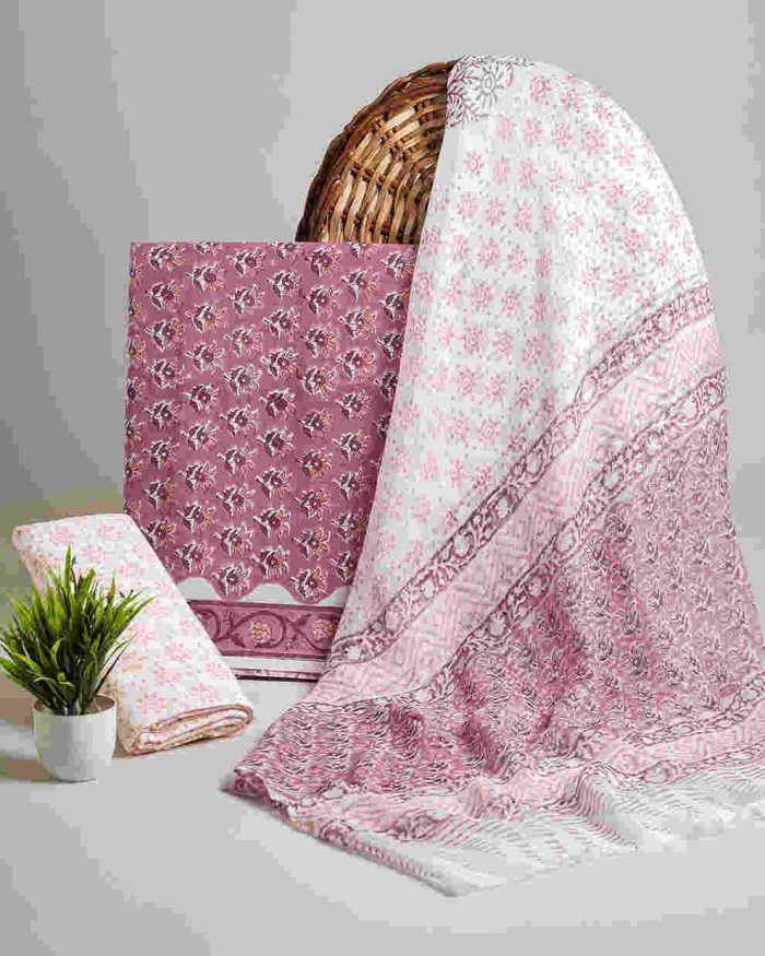 Shop New Sanganeri Printed Cotton Suit with Chiffon Dupatta Online