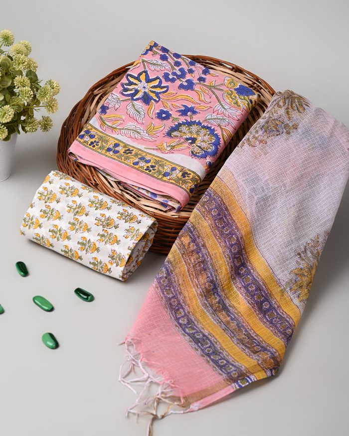Shop Premium Sanganeri Print Cotton Suit with Kota Doria Dupatta Online