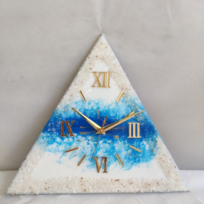Buy Blue Beauty Triangle Resin Wall Clock with Golden Roman Numbers Online