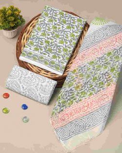 Shop Premium White and Green Sanganeri Cotton Suit With Dupatta