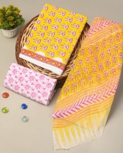 Shop Premium Yellow Sanganeri Cotton Suit With Chiffon Dupatta