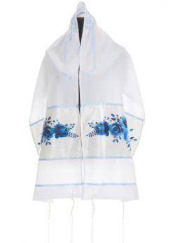 Watercolor Blue Roses Bouquet Tallit for Women, Bat Mitzvah Tallit