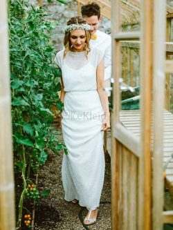 Etui Schaufel-Ausschnitt Getrennt Bodenlanges Brautkleid mit Kurzen Ärmeln mit Rüschen – M ...