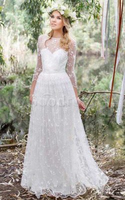 Robe de mariée col en v foncé en 3/4 manche en dentelle ligne a avec fleurs – GoodRobe