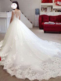 Robe de mariée cordon de traîne moyenne avec sans manches col en bateau en tulle – GoodRobe