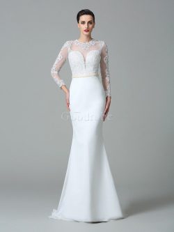 Robe de mariée longue en satin au niveau de cou de sirène avec manche longue – GoodRobe