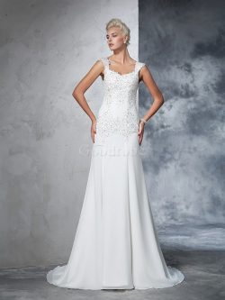 Robe de mariée longue ligne a bretelles spaghetti cordon avec chiffon – GoodRobe