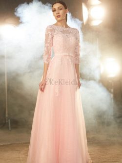 Tüll Bateau Prinzessin Bodenlanges Ballkleid mit Rücken Schnürung – MeKleid.de