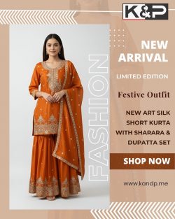 Silk Short Kurta with Sharara & Dupatta Set