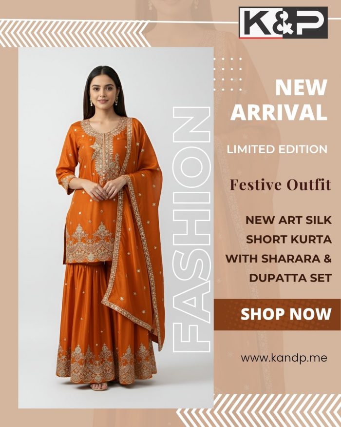 Silk Short Kurta with Sharara & Dupatta Set
