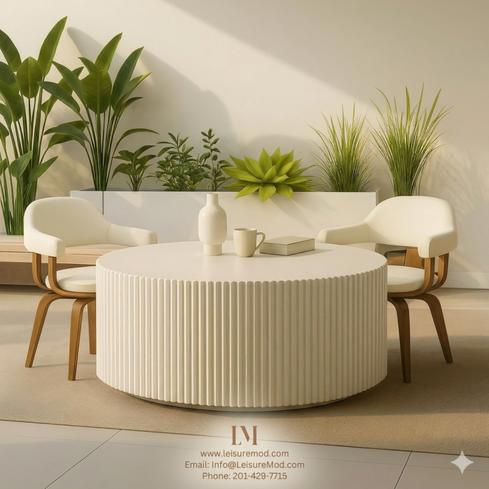 Luxury White Fluted Drum Coffee Table | Modern Minimalist Interior
