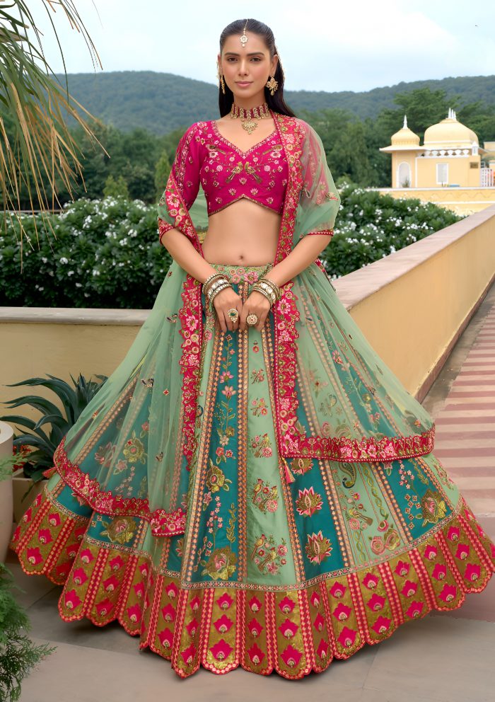 Buy Mint Embroidered Unstitched Lehenga Online by Indiee Label