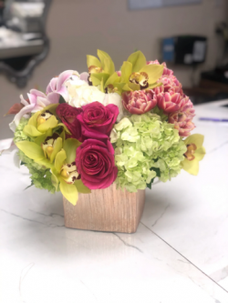Colorful Bundles in a Square Vase – Vibrant Birthday Floral Arrangement