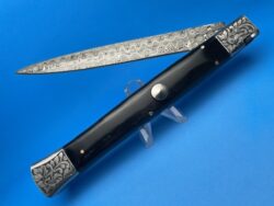 Samir Ahmad 13″ Engraved Buffalo Horn Stiletto Automatic Knife (6” Damascus)