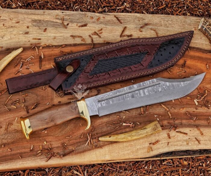 Damascus Crocodile Dundee Bowie Knife With Walnut Wood Handle