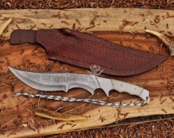 Handmade Damascus Bowie Knife With White Micarta Handle