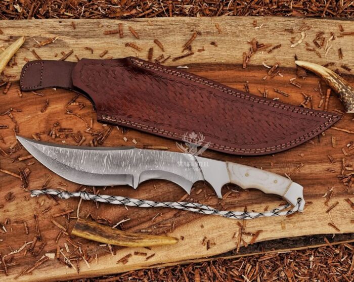 Handmade Damascus Bowie Knife With White Micarta Handle