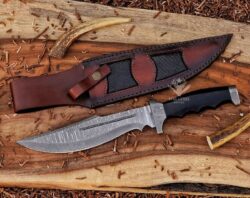 Handmade Damascus Hunting Bowie Knife With Black Micarta Handle