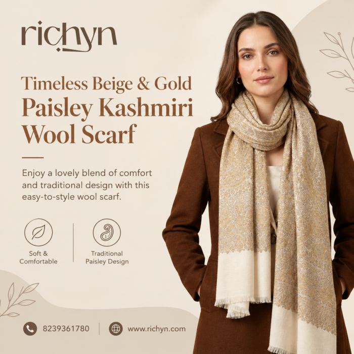 Traditional Beige Paisley Scarf with Golden Details